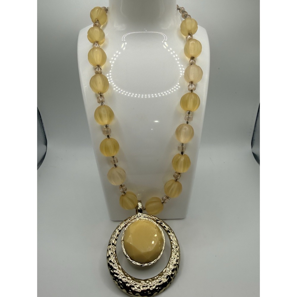 Chunky Beaded Necklace‎ Yellow Frosted with Detaching Enhancer Pendant 18"